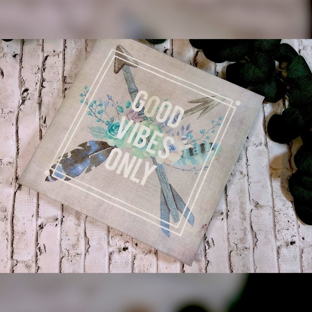Good Vibes Only Blue Floral Feather Canvas Wall Art Boho Decor